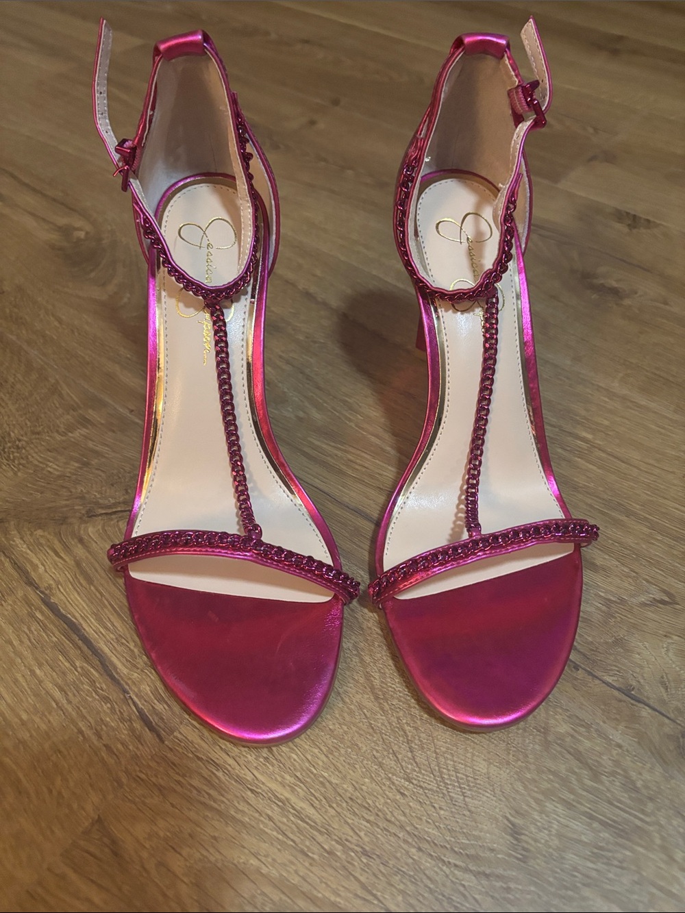Jessica Simpson Metallic Fuchsia Strappy Stiletto Sandals - Picture 2 of 5